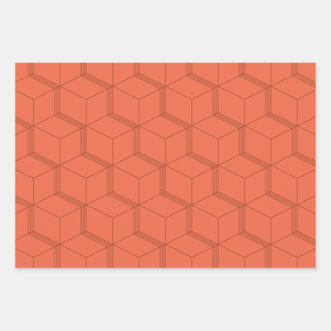 Red, dynamic, retro, cool trendy cube line pattern wrapping paper sheet (Front)