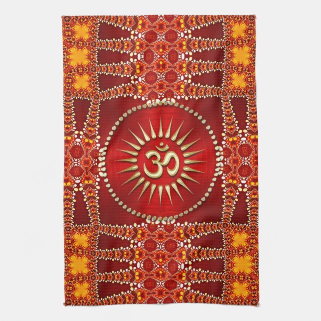 Red Eastern OM Meditation Yoga Home Decor Tea Towel (Vertical)