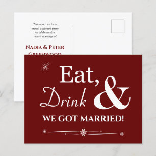 Red Eat Drink We Got Married Retro Elopement Postcard