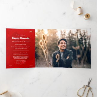 Red Edgy Abstract Brushstroke Photo Graduation Tri-Fold Invitation
