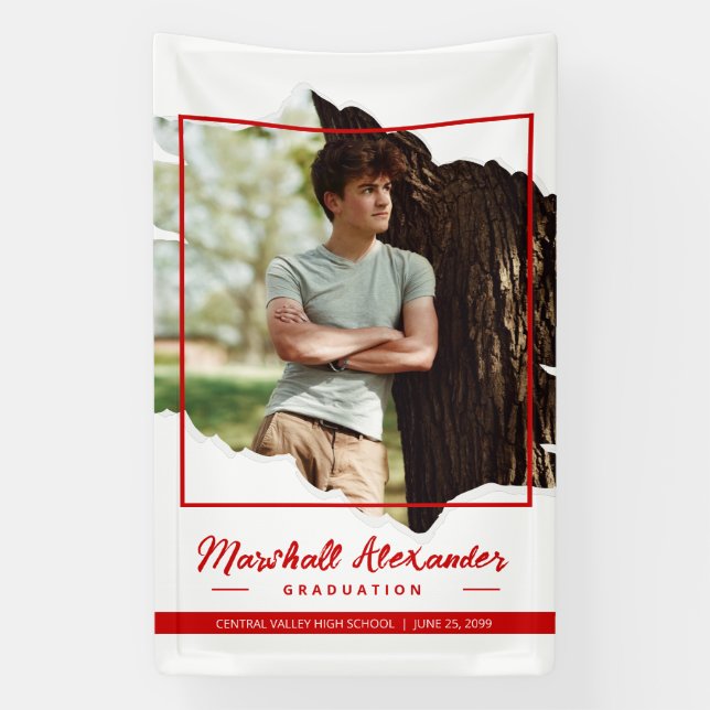 Red Edgy Abstract Torn Photo Graduation Banner (Vertical)