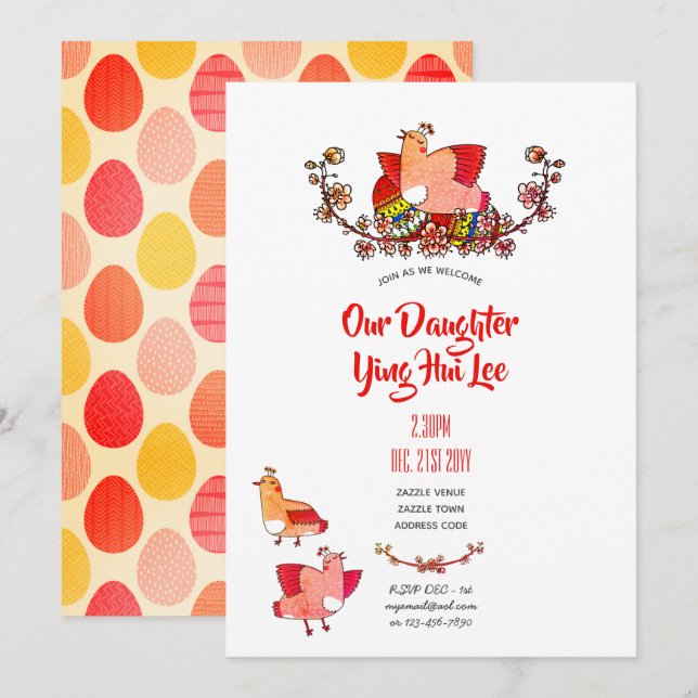 Red Egg Ginger Party Invites Watercolor Birds (Front/Back)