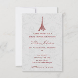 Red Eiffel Tower Damask Bridal Shower Invitation