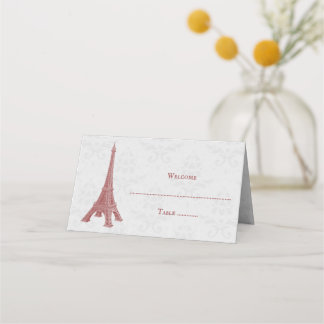 Red Eiffel Tower Damask Reception Place Card