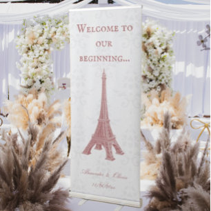 Red Eiffel Tower Damask Wedding Retractable Banner
