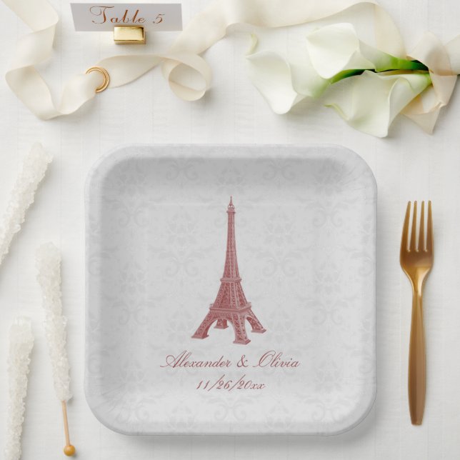 Red Eiffel Tower Damask Wedding Shower Paper Plate (Wedding)