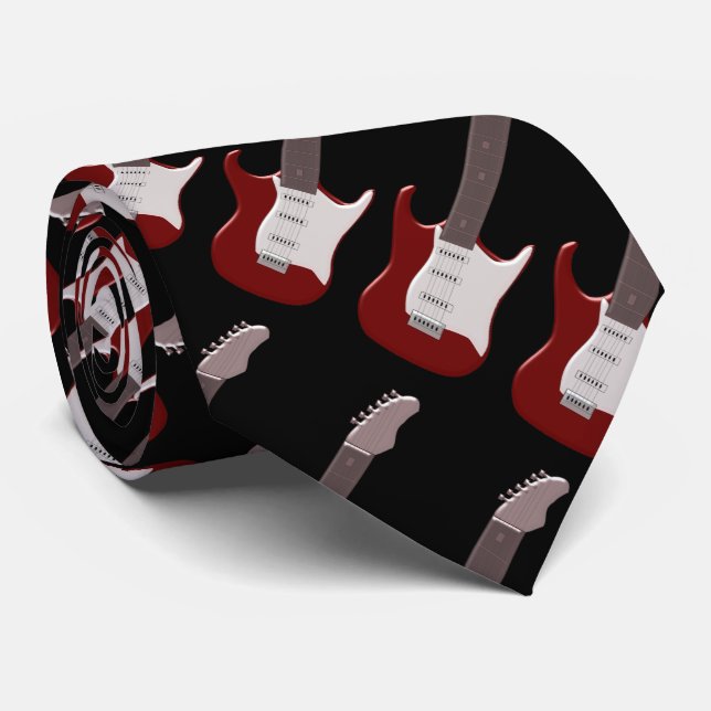Red Electric Guitar Design Tie (Rolled)