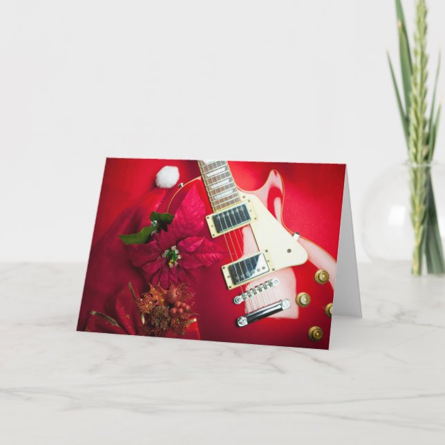 Red Electric Guitar With Christmas Ornaments Holiday Card (Front)