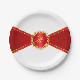 Red Elegance Monogram Paper Plate