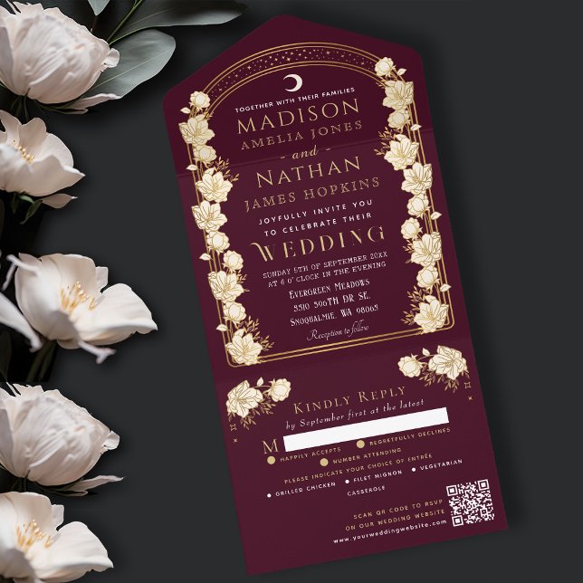 Red Elegant Arch Art Nouveau QR Code Wedding All In One Invitation (Creator Uploaded)