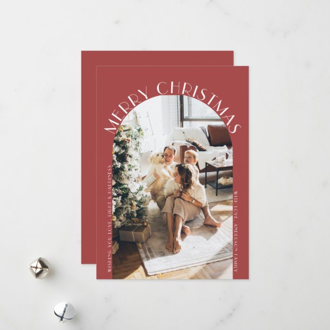 Red Elegant Arch Curve Merry Christmas Photo Holiday Card (Front/Back In Situ)