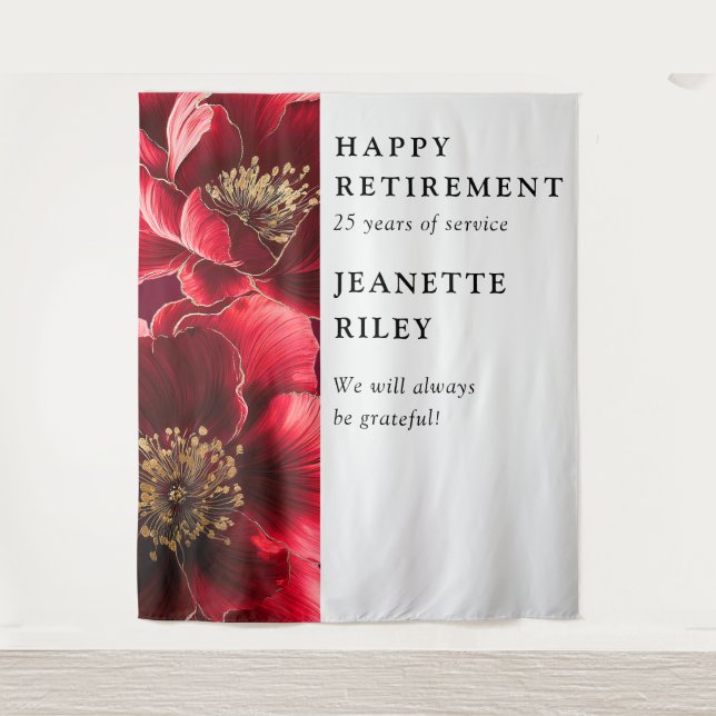 Red Elegant Chic Floral Retirement Party Backdrop Tapestry (Front)