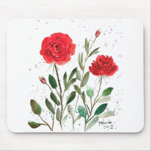 Red elegant chic garden floral watercolor roses mouse mat