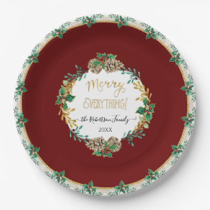 Red Elegant Christmas Holly Watercolor Gold Family Paper Plate