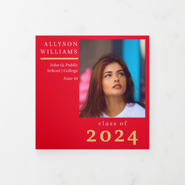 Red Elegant Classy 8 Photo Graduation Tri-Fold Announcement (Cover)