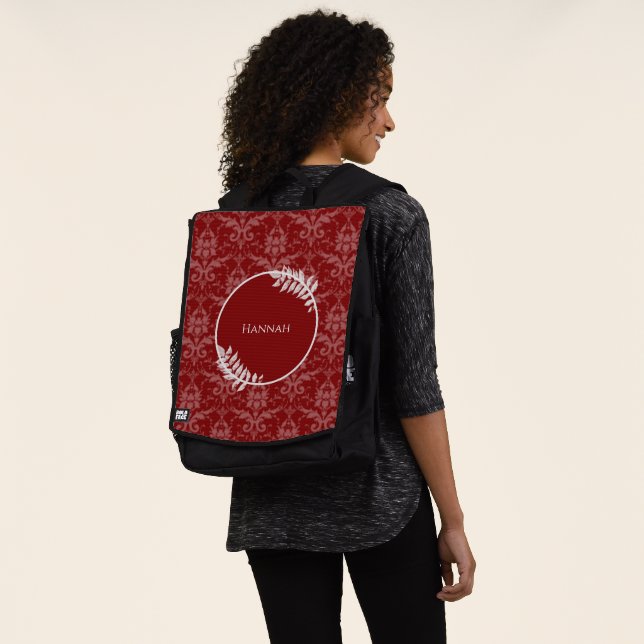 Red Elegant Damask Personalised Backpack (Worn)