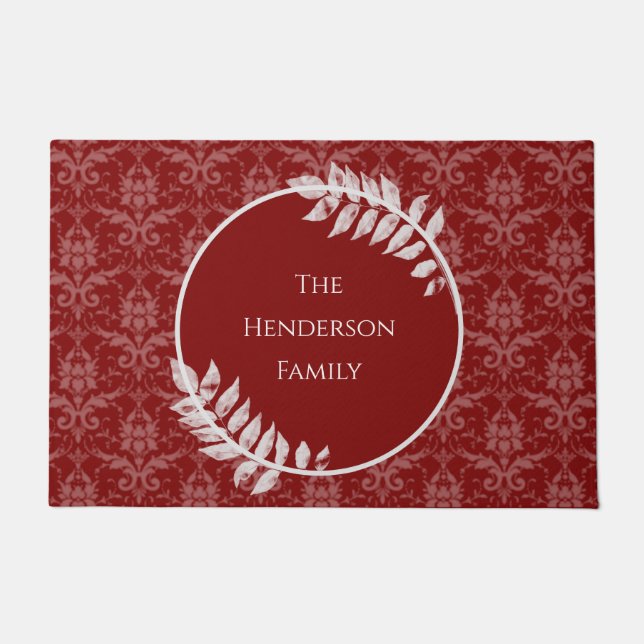 Red Elegant Damask Personalised Doormat (Front)
