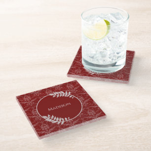 Red Elegant Damask Personalised Glass Coaster