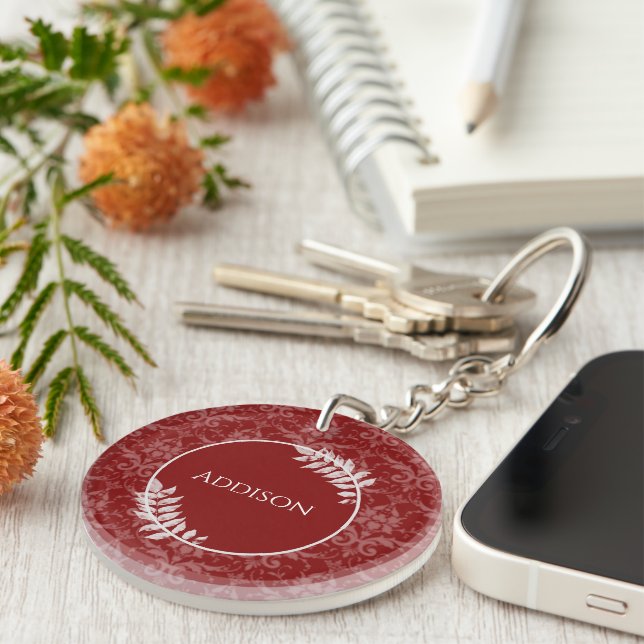 Red Elegant Damask Personalised Keychain (Front Right)
