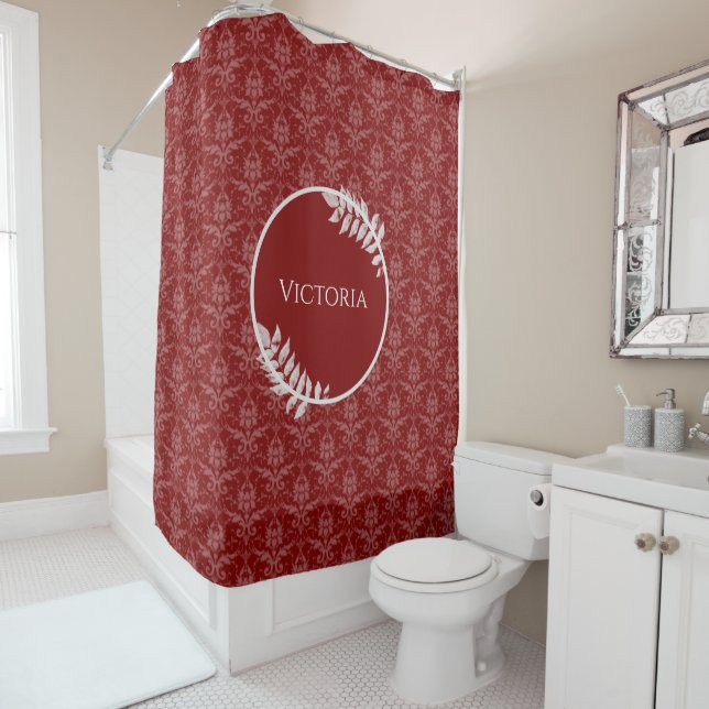 Red Elegant Damask Personalised Shower Curtain (In Situ)
