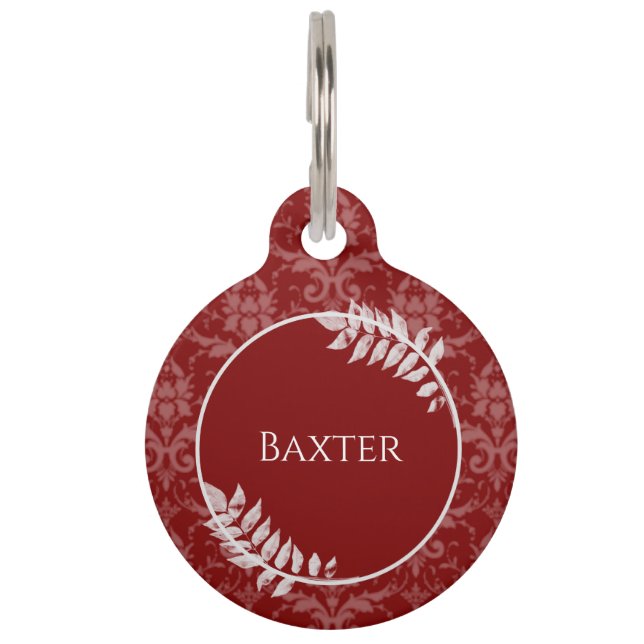 Red Elegant Damask Round Pet Tag (Front)