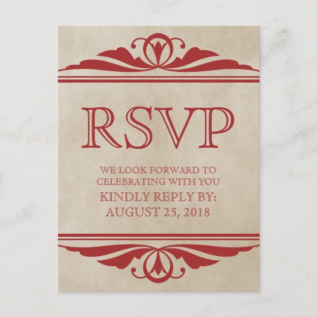 Red Elegant Deco RSVP Postcard (Front)