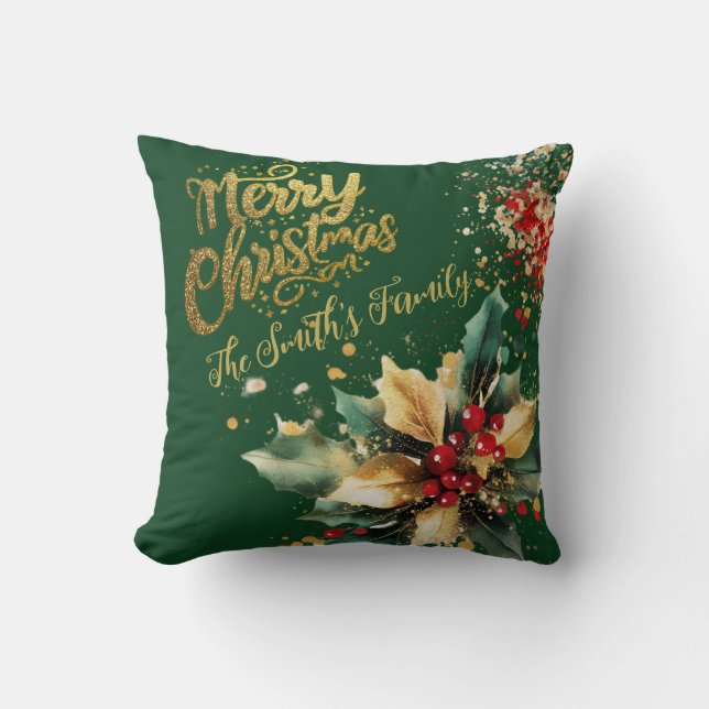 Red Elegant Family Gold Glitter Script Christmas  Cushion (Front)