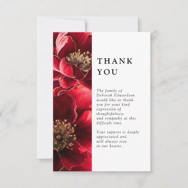 Red Elegant Floral Celebration Of Life Funeral Thank You Card (Front)