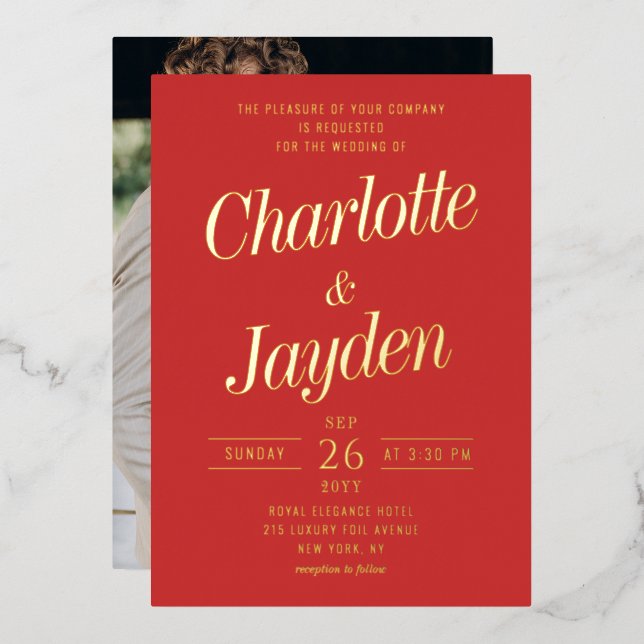 Red Elegant Foil Script Photo Wedding (Front/Back)