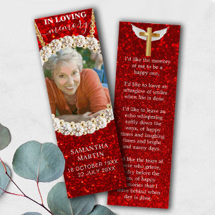 Red Elegant Glitter Memorial Poem Funeral Bookmark