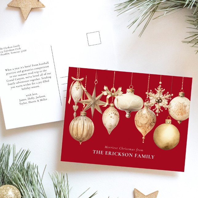 Red Elegant Gold Christmas Watercolor Ornaments Holiday Postcard (Creator Uploaded)