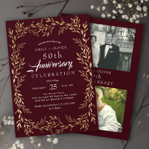 Red Elegant Gold Leaf Anniversary Photo Invitation