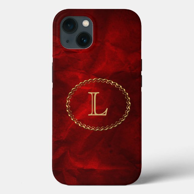 Red Elegant Gold Oval Monogram Case-Mate iPhone Case (Back)