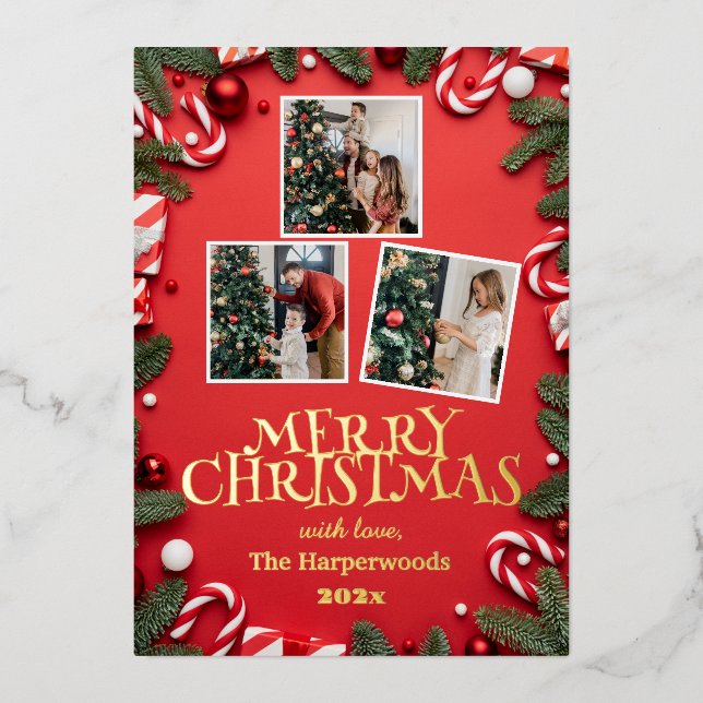 Red Elegant Merry Christmas Family Photo Collage Foil Holiday Card (Front)