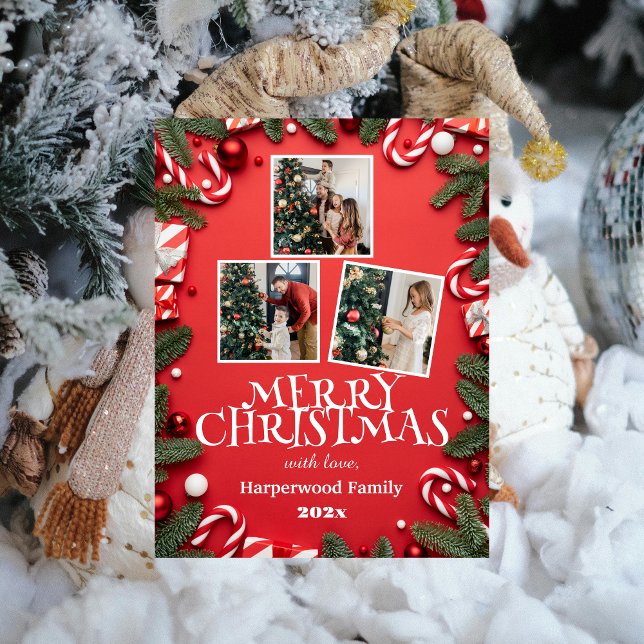 Red Elegant Merry Christmas  Family Photo Collage Holiday Postcard (Creator Uploaded)