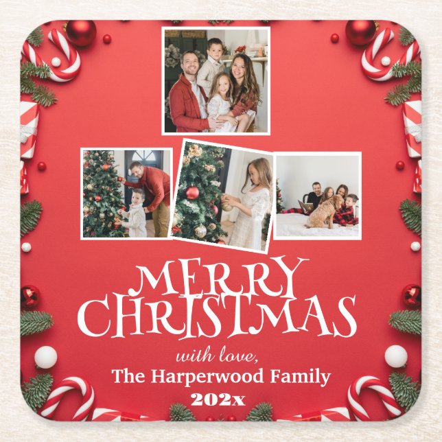 Red Elegant Merry Christmas  Family Photo Collage Square Paper Coaster (Front)