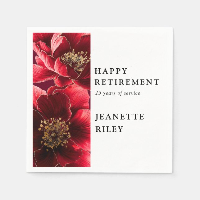 Red Elegant Modern Floral Happy Retirement Napkin (Front)