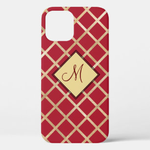 Red Elegant Monogram Gold Diamond Pattern iPhone 12 Case