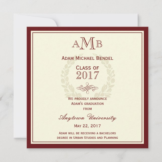 Red Elegant Monogram Graduation Announcement (Front)