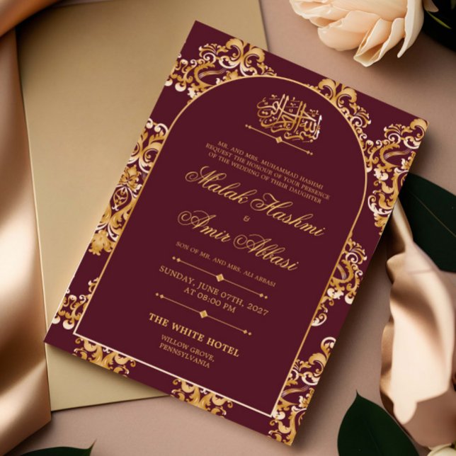 Red Elegant Pattern Gold Islamic Muslim Wedding Invitation (Creator Uploaded)