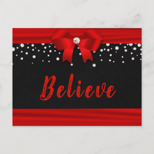 RED Elegant Ribbon BELIEVE text on Black Postcard
