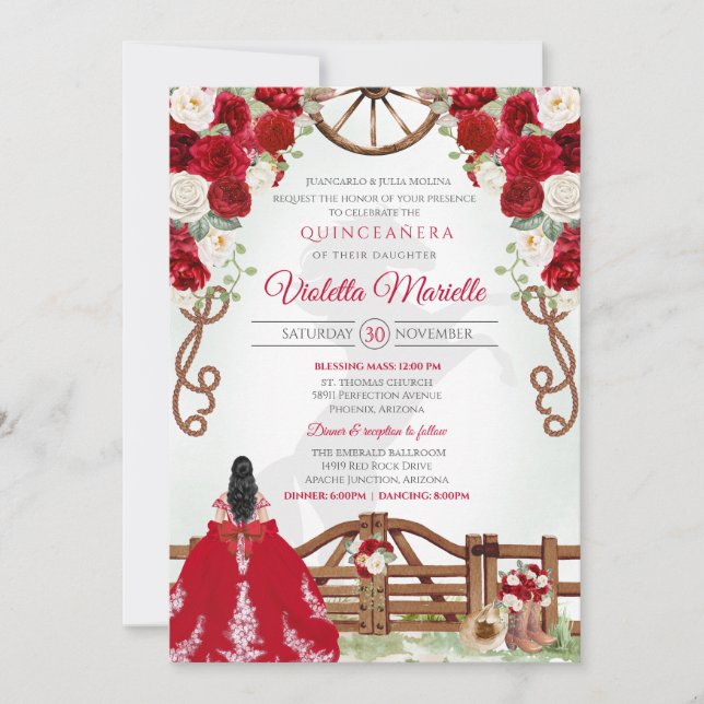 Red Elegant Rustic Western Charro Quinceanera V10 Invitation (Front)