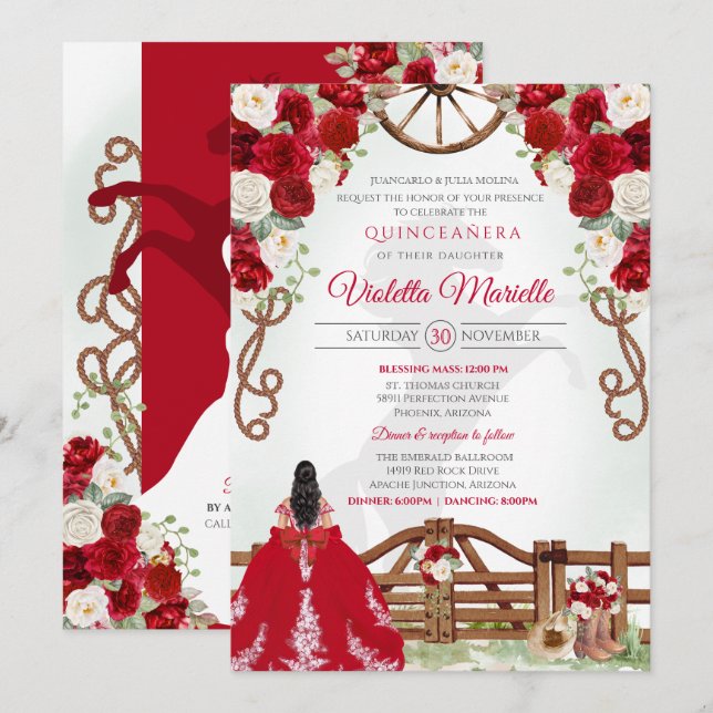 Red Elegant Rustic Western Charro Quinceanera V2 Invitation (Front/Back)