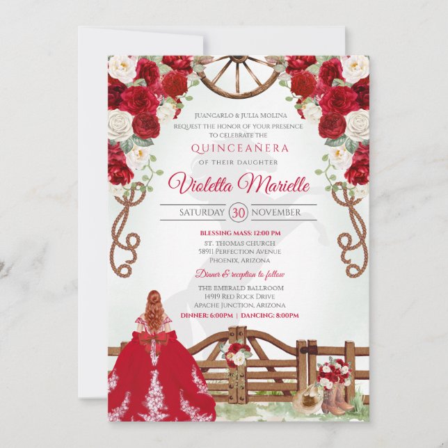Red Elegant Rustic Western Charro Quinceanera V8 Invitation (Front)