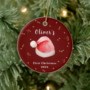 Red Elegant Santa Hat Baby's Frist Christmas Ceramic Tree Decoration