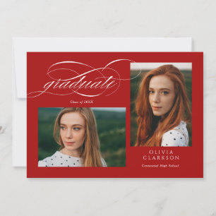 Red Elegant Script 3 Photo Graduation Party Invitation