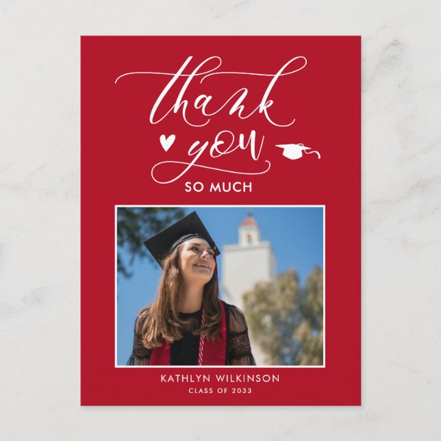 Red Elegant Script Chic Photo Graduation Thank You Postcard (Front)