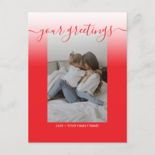 Red Elegant Script Family Photo Greetings Postcard