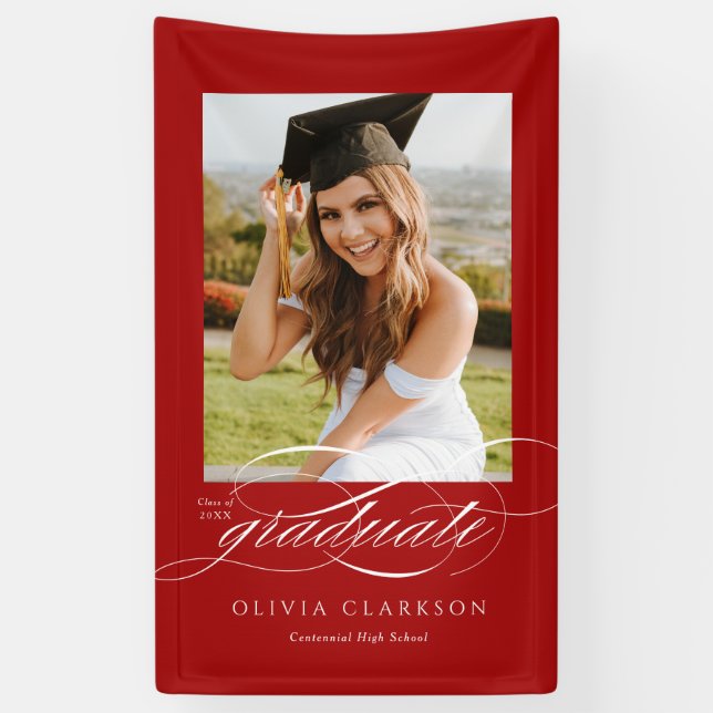 Red Elegant Script Graduation Photo Party Banner (Vertical)