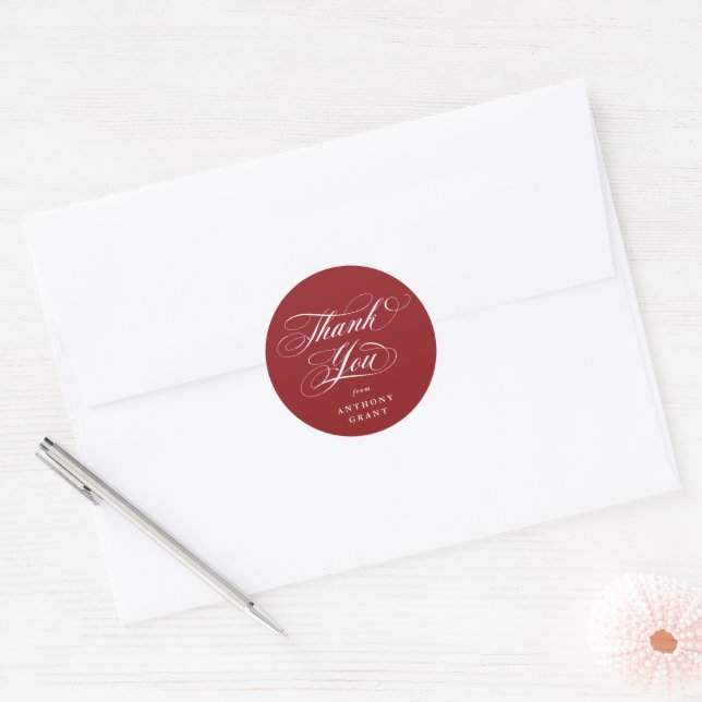 Red Elegant Script Graduation Thank You Classic Round Sticker (Envelope)